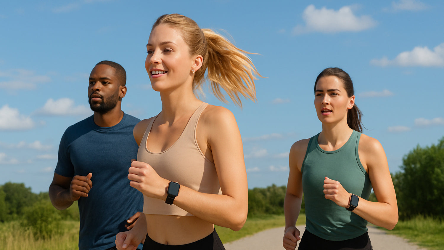 people running outside wearing a smart watch