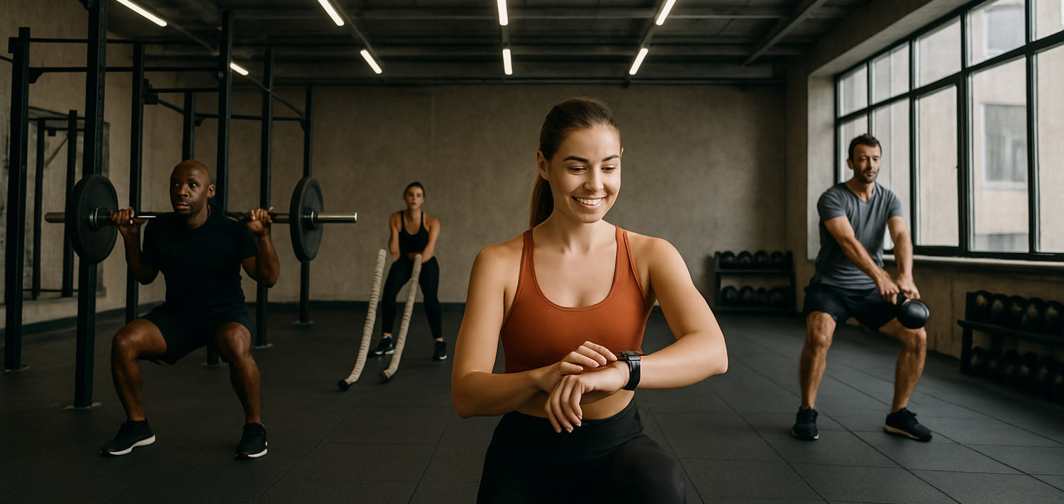 Woman exercising with a barbell in a gym setting, surrounded by other gym-goers.