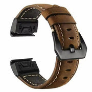 brown garmin fenix 7s leather strap closeup
