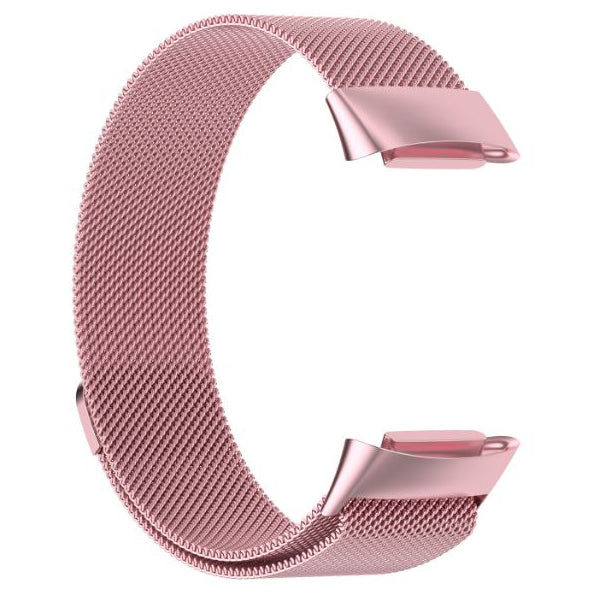 rose pink fitbit charge 5 steel strap closeup
