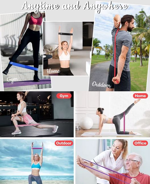 Collage of people using resistance bands in various settings including gym, home, outdoor, and office.