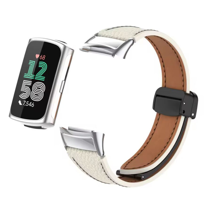 Fitbit Charge 5 stitched PU leather wristband in white