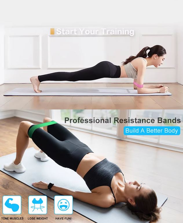 Woman performing push-ups with resistance bands in a home setting