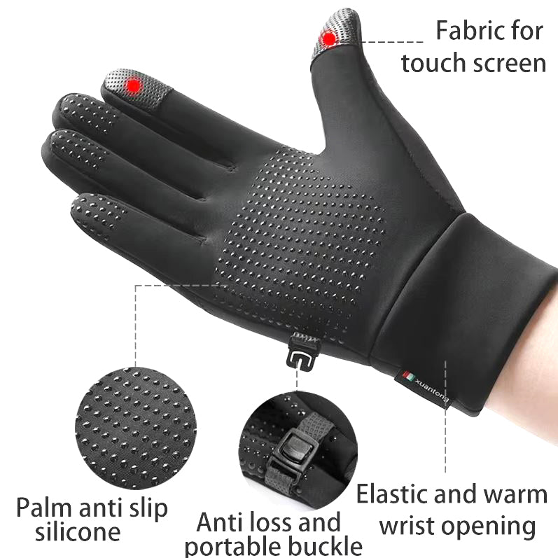 Black touchscreen running glove with features highlighted on a white background