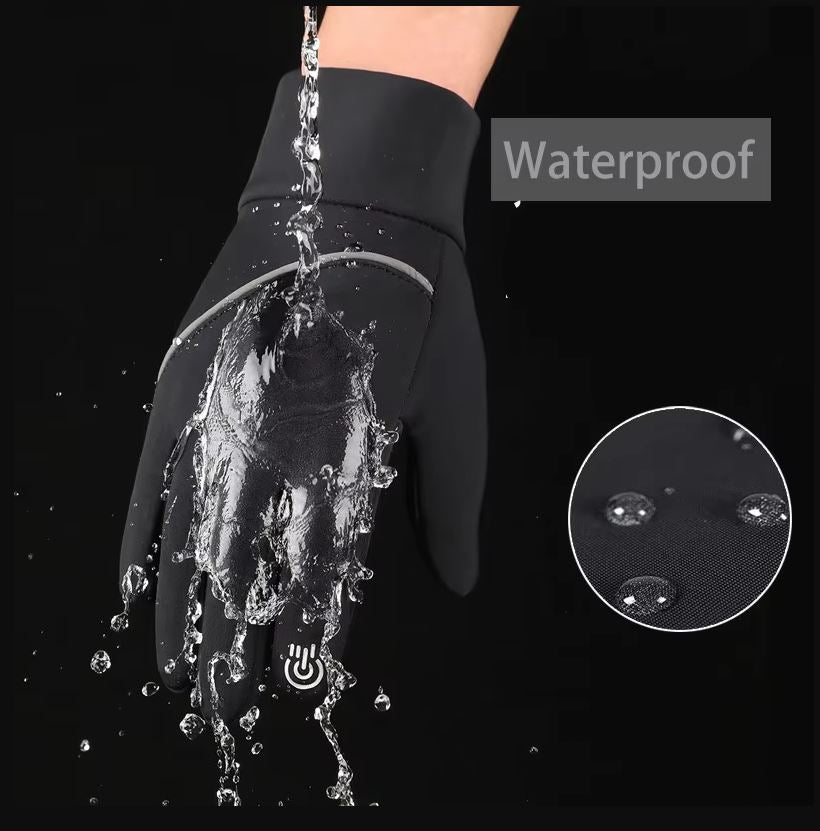 Black glove with water droplets being splashed onto it, labeled 'Waterproof'.
